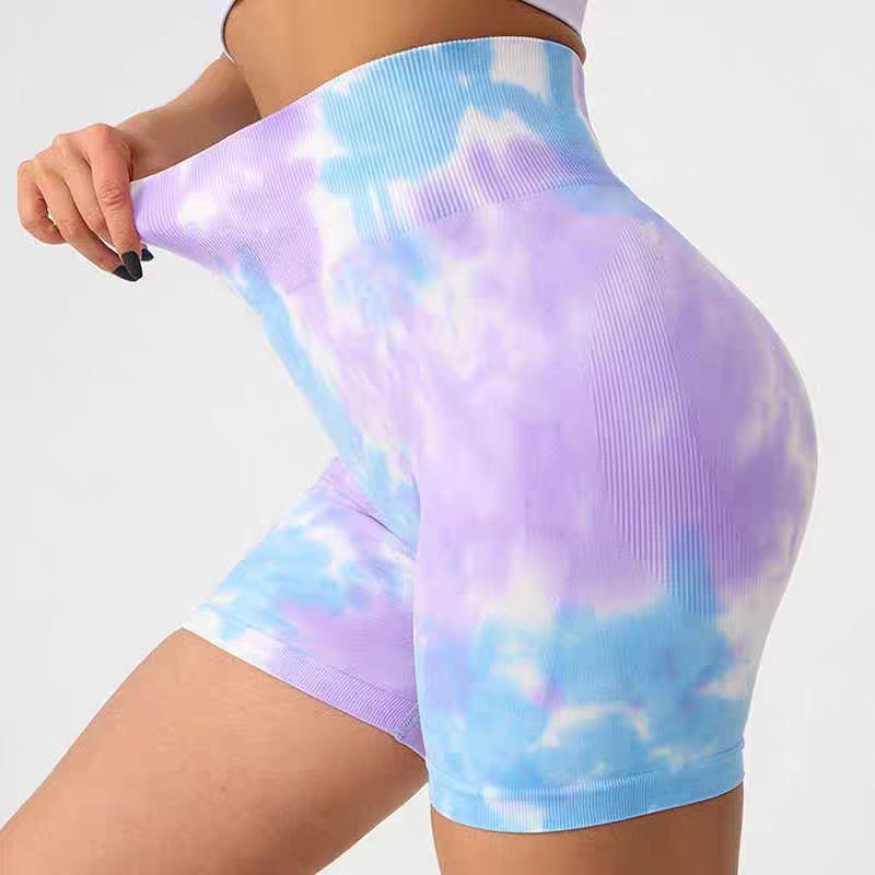 Pantalones de entrenamiento tiñidos por goteos europeos y estadounidenses, pantalones de gimnasio de cintura alta sin costuras, pantalones cortos apretados para correr