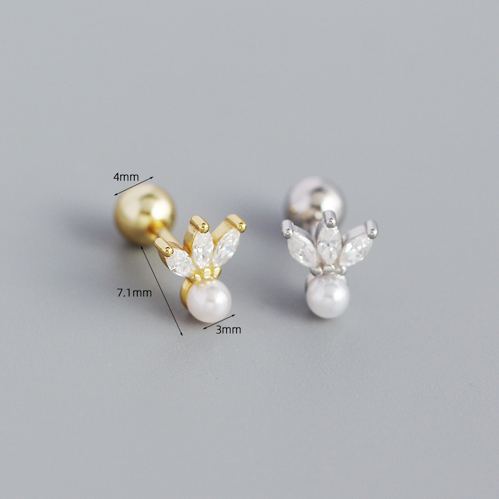 Electroplating Gold Plating Process 925 Sterling Silver Ear Needle Material 1 Pair 925 Sterling Silver Artificial Pearls Zircon Geometric Ear Studs