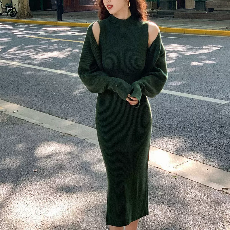 慵懒过秋法式优雅修身套装针织连衣裙女秋季新款纯色小心机两件套