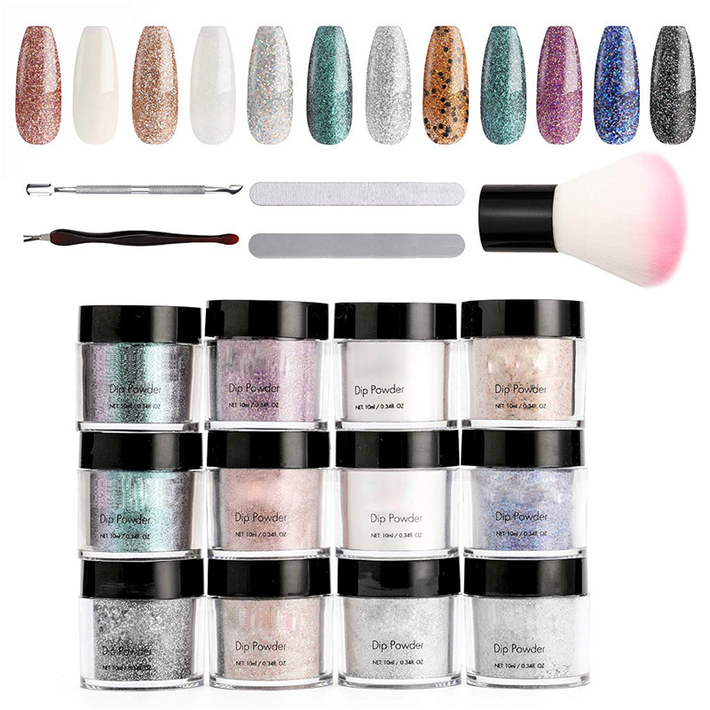 大貨款亞馬遜浸潤粉套裝 跨境美甲混色閃粉亮片浸潤粉水晶碎鉆粉