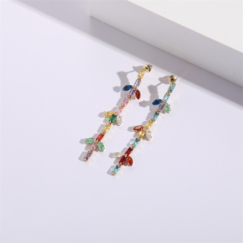 Fashion Leaf Copper Plating Inlay Zircon Drop Earrings 1 Pair