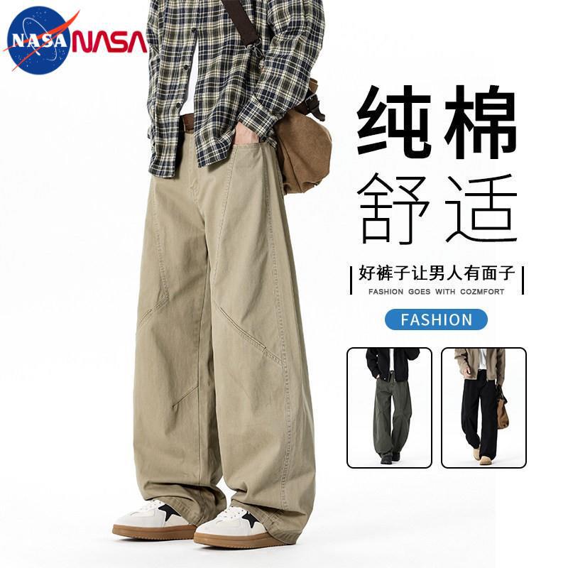 Nasa Trendy American-Style Deconstructed Pure Cotton Casual Pants for Men, Spring and Summer Loose Straight-Leg Work Pants for Men