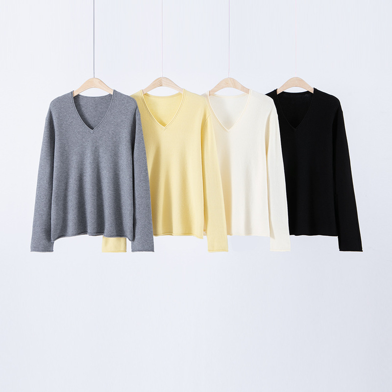 Bo Wei French-Style Loose Lazy V-Neck Knit Sweater for Women, Autumn and Winter Design with a Unique Rolled Edge Pullover Long-Sleeve Sweater Bo Wei French-Style Loose Lazy V-Neck Knit Sweater for Women, Autumn and Winter Design with a Unique Rolled Edge Pullover Long-Sleeve Sweater