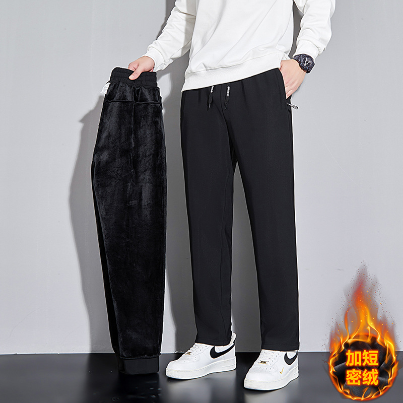 休闲裤男冬季新款尼龙四面弹加绒保暖运动青年宽松大码弹力长裤子