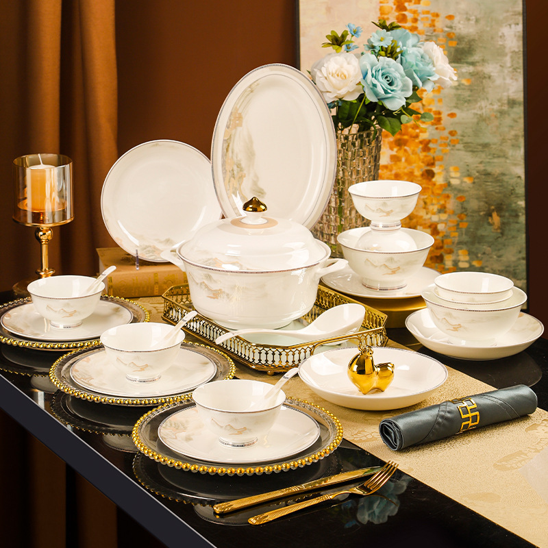 Jingdezhen Light Luxury Bone China Dinnerware Set, High-End Bowl and Plate Set for Home Use, Suitable for Housewarming, Ceramic Bowls and Plates