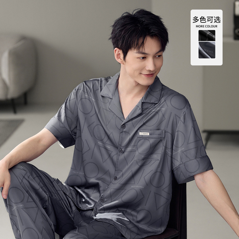 남성용 잠옷 여름 얇은 얼음 실크 간단한 청소년 한국어 버전 시뮬레이션 실크 느슨한 대형 홈웨어 세트