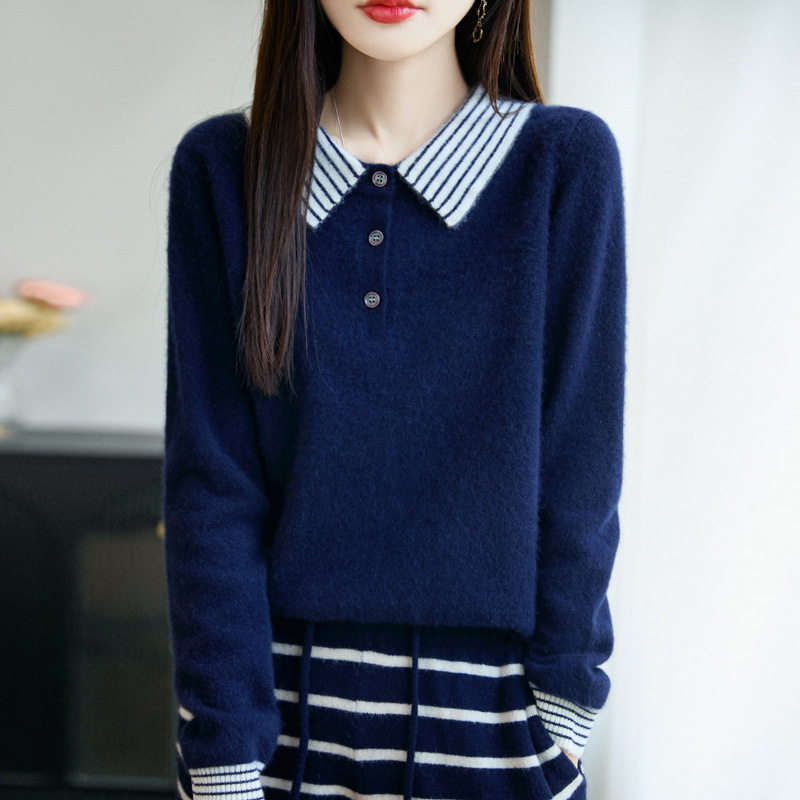 100%纯羊毛2025秋冬新款女士宽松拼色Polo翻领短款打底针织衫毛衣|undefined