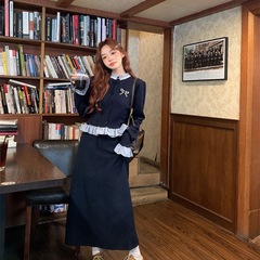 新品亚马逊欧美格子拼接法式小众长袖针织衫开叉半身裙女秋季套装