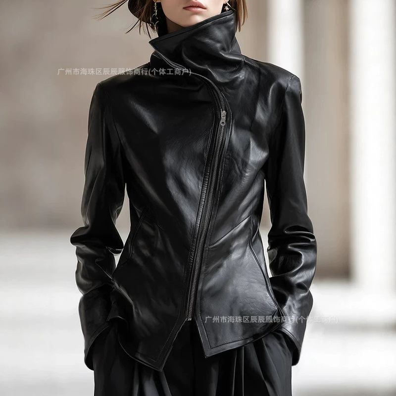 Cross-Border Women's New Spring and Autumn Slim-Fit Leather Jacket Pu High-Neck Diagonal Zipper Slimming Biker Leather Jacket Coat