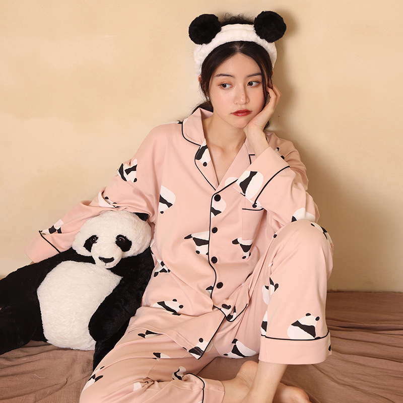 2021春夏秋女新款甜美可爱熊猫印花休闲睡衣纯棉长袖套装一件代发