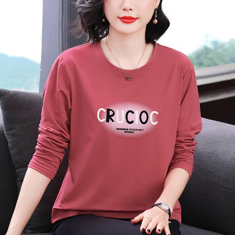 2025秋季新款长袖T恤女宽松大码妈妈纯棉印花上衣女显瘦短款小衫|undefined