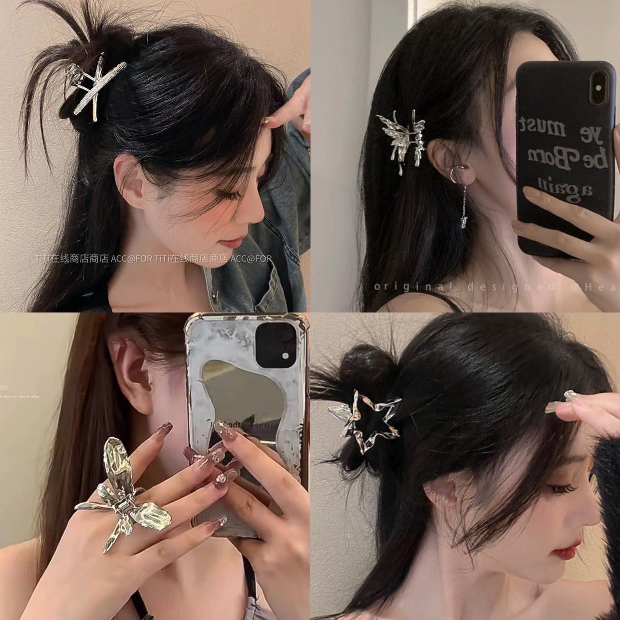 silver butterfly grip female 2025 new high sense small size back head shark clip loose clip headdress hairpin