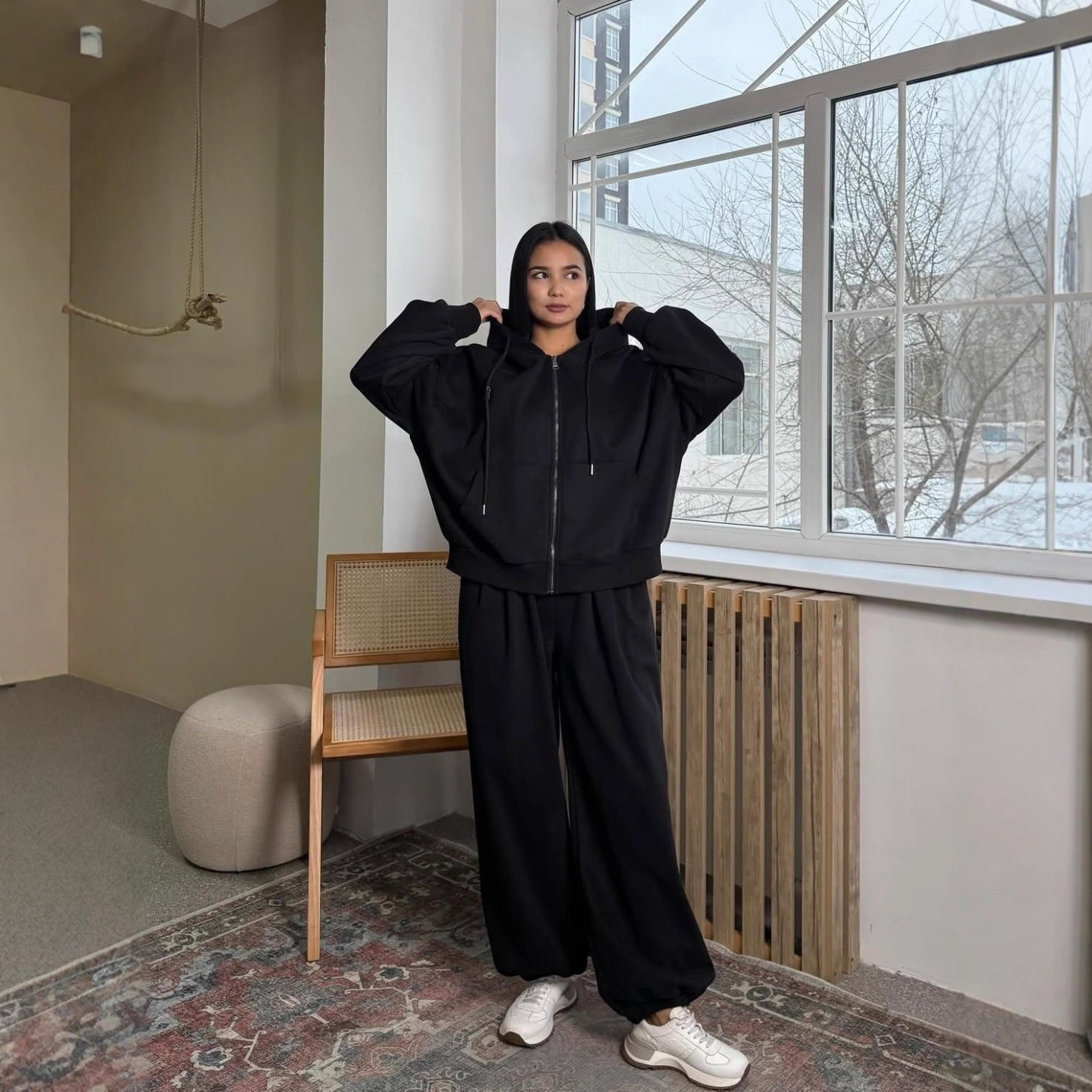 Southeast Asia Cross-Border Foreign Trade Women's Long-Sleeved Hooded Wide-Leg Pants Korean Style Commuter Fashion Sports Two-Piece Set for Women