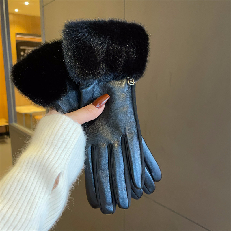 Xiaoxiangfeng premium sense microfiber leather mink hair mouth gloves suede winter velvet thickened cycling warm gloves_voghion.com