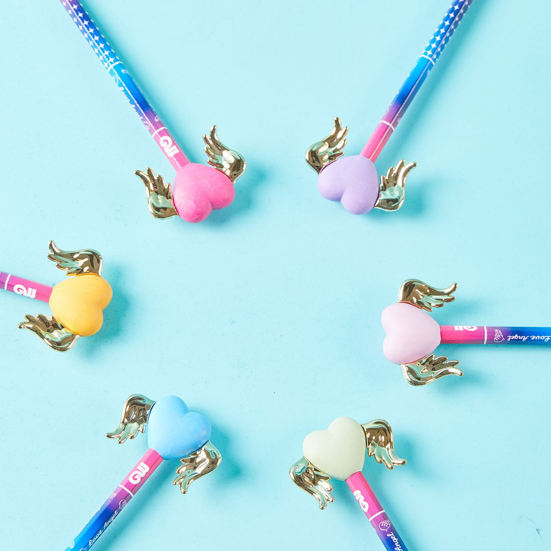 Lápices de madera lindos alas amor borradora artículos de papelería borradora lápiz puede