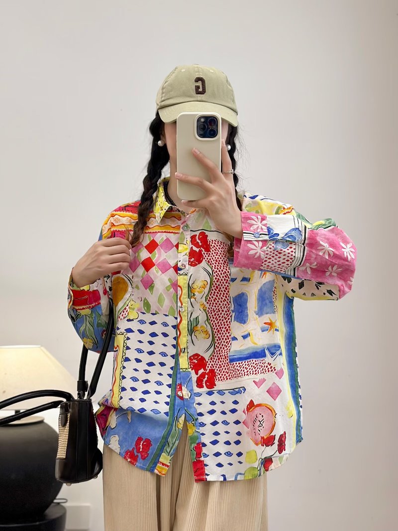 日系森女涂鸦印花宽松大版 女士开衫长袖衬衫衬衣批发