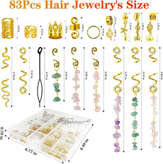 82PCS假髮髒辮天然石掛墜套裝 電鍍鏤空接發環碎石掛墜合金吊墜