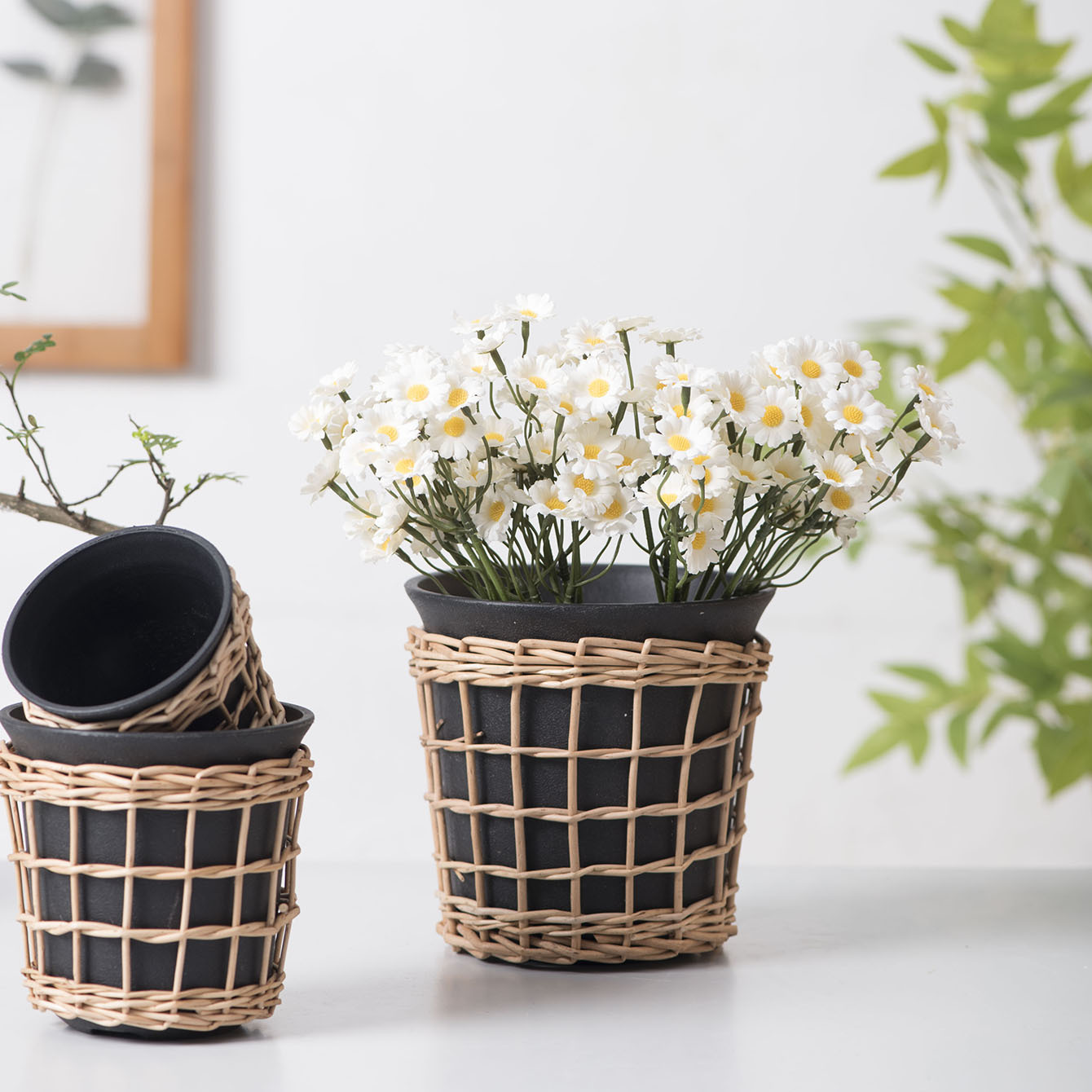 Maceta de plástico decorativa de sauce, planta verde, decoración de mesa, maceta de eneldo verde, balcón, jardín, maceta tejida creativa