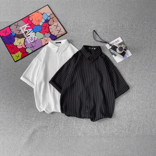 Striped Shirt for Men - Summer Hong Kong Style, Japanese Casual Loose Vertical Striped Collar Shirt, Korean Version Trendy Short Sleeve Shirt for Men