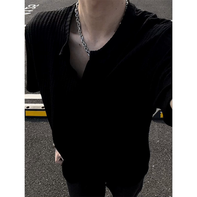 Cross-Border Textured V-Neck Short-Sleeve T-Shirt for Men, Summer American-Style Cleanfit Cool Half-Sleeve Loose Fit T-Shirt