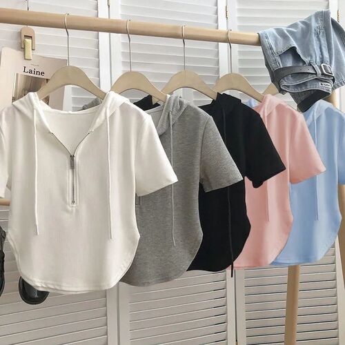 Summer Hooded Zip Short Sleeve T-Shirt for Women 2024 New Korean Style Fitted Short Length Hot Girl Pure Desire White Top Instagram