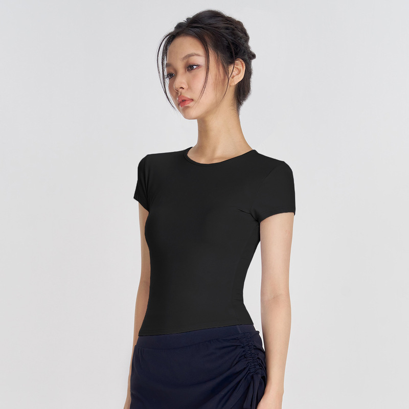Huankan ファッショナブルなヌードランニングヨガ T シャツ、女性用、薄手、スリムフィット、スポーツ半袖、エレガントなラウンドネック、女性用フィットネスウェア|undefined