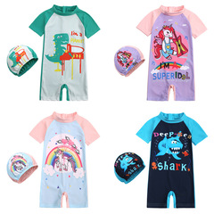 2024 New Summer Kids Swimwear for Boys and Girls, One-piece Swim Suit for Toddlers and Young Children, Cartoon Baby Short-sleeve Swim Trunks
