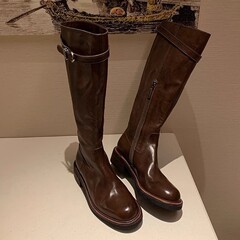 牛皮版~葡萄妈同款鞋水洗马皮圆头粗跟厚底增高腿直长筒骑士靴