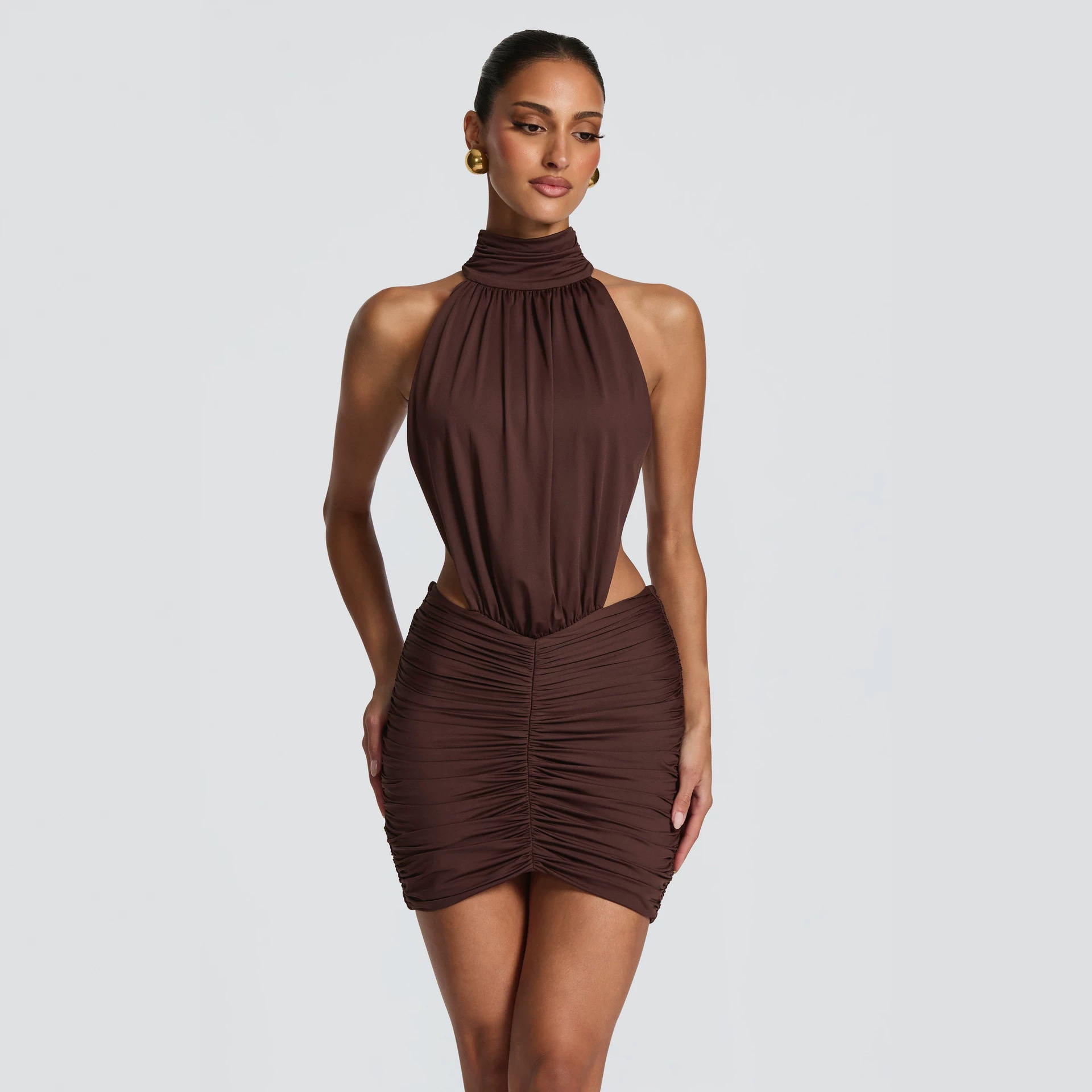 2026 Summer New European and American Women's Fashion Elegant Solid Color High Neck Slim Fit Sexy Backless Bodycon Dress for Women
