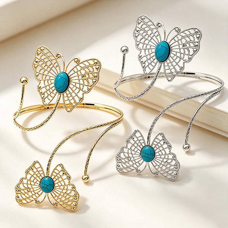 European and American Cross-Border Bohemian Hollow Butterfly Turquoise Arm Bracelet Adjustable Open Arm Bangle Ethnic Style Metal Arm Jewelry European and American Cross-Border Bohemian Hollow Butterfly Turquoise Arm Bracelet Adjustable Open Arm Bangle Ethnic Style Metal Arm Jewelry