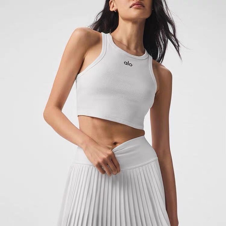Alo Cross-Border Cropribbedtank Ribbed Short Waist-Exposing Sports Tank Top with High Round Neck and Wide Shoulder Straps, Comfortable