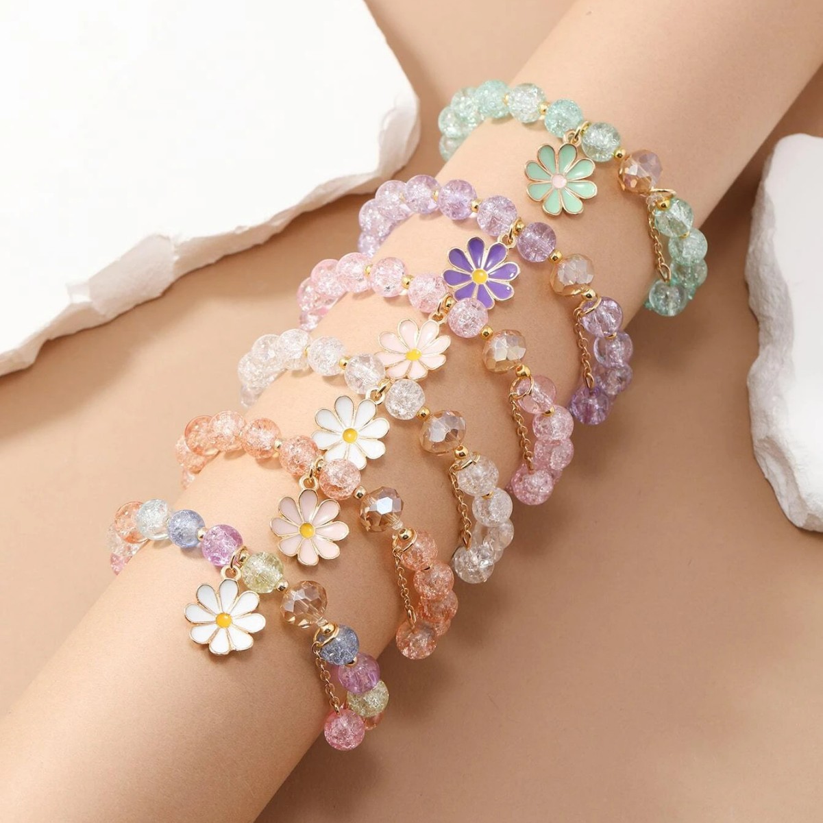 Cuentas explosivas, margaritas, pulseras de celebridades de Internet, arte femenino, flores frescas, novias, pulseras de bricolaje, fuente de transmisión en vivo, accesorios