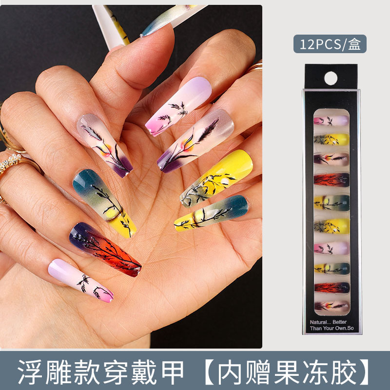 Uñas largas desmontables parches de uñas falsas comercio exterior productos terminados de manicure de novia en relieve parches de uñas