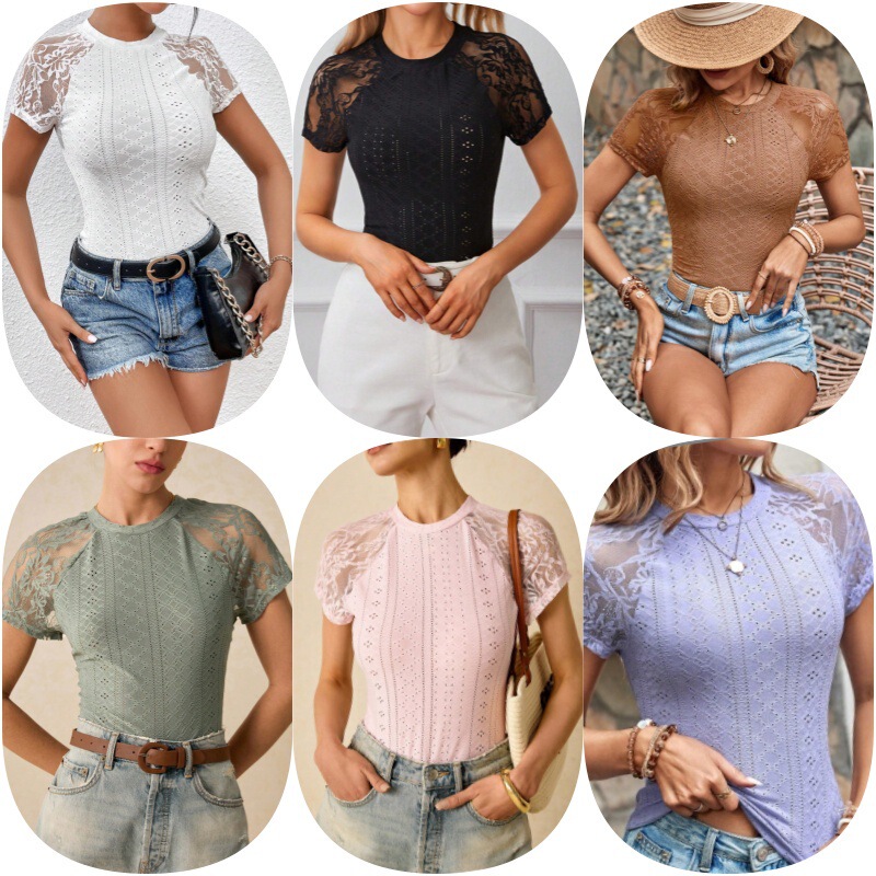 Cross-border Fashion Casual French Color Contrast Lace Raglan Sleeve T-shirt Valentine's Day Wedding Summer Top Cross-border Fashion Casual French Color Contrast Lace Raglan Sleeve T-shirt Valentine's Day Wedding Summer Top