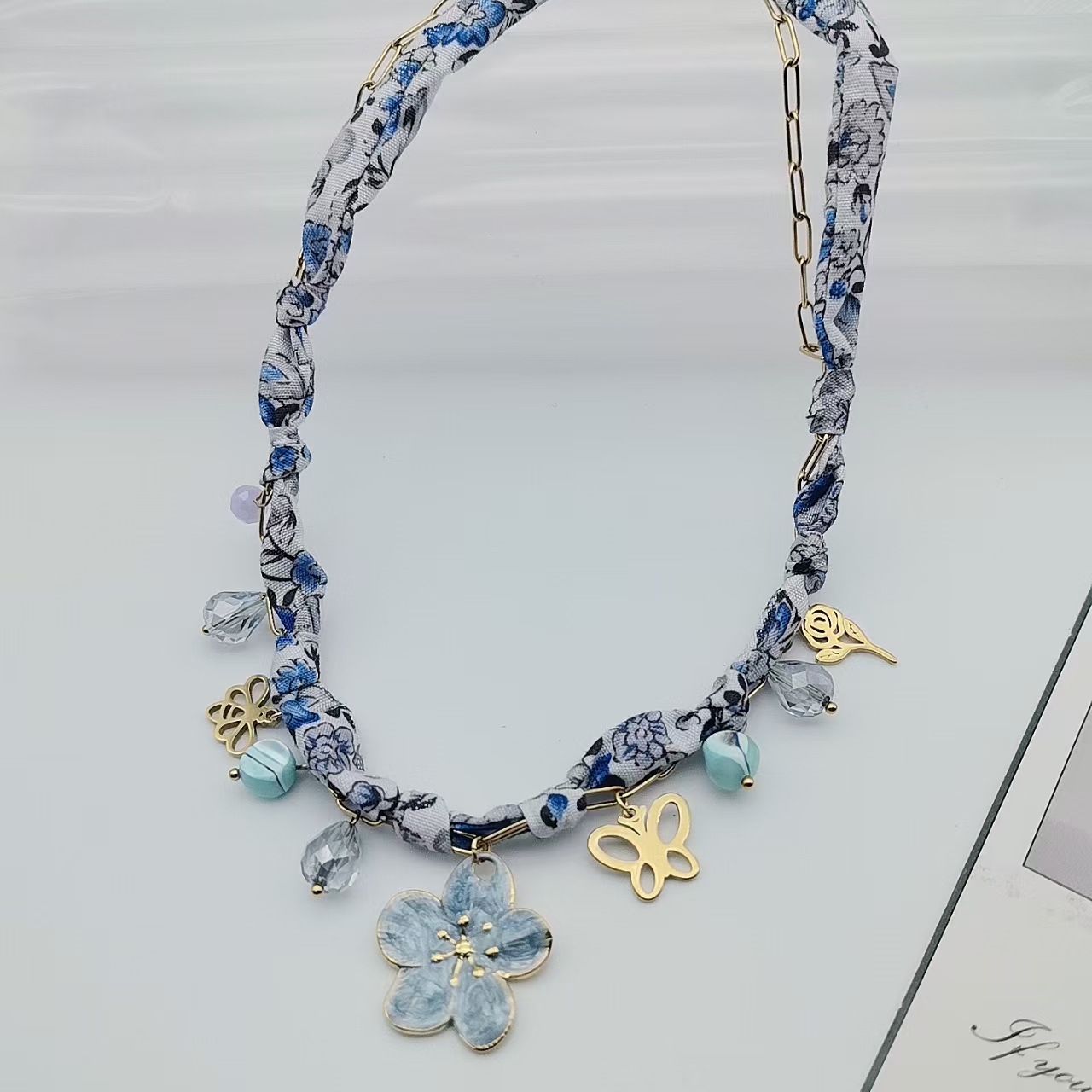 Flower Butterfly Elegant Beach 304 Stainless Steel Artificial Crystal Cloth Layered Necklaces Multi Charms Necklace Wholesale display picture 3