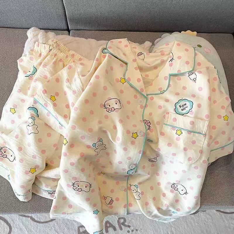 Vietnam transfronterizo al por mayor nube de algodón lindo oso pijamas verano mujeres pantalones cortos de manga corta cardigan casual dibujos animados servicio a domicilio