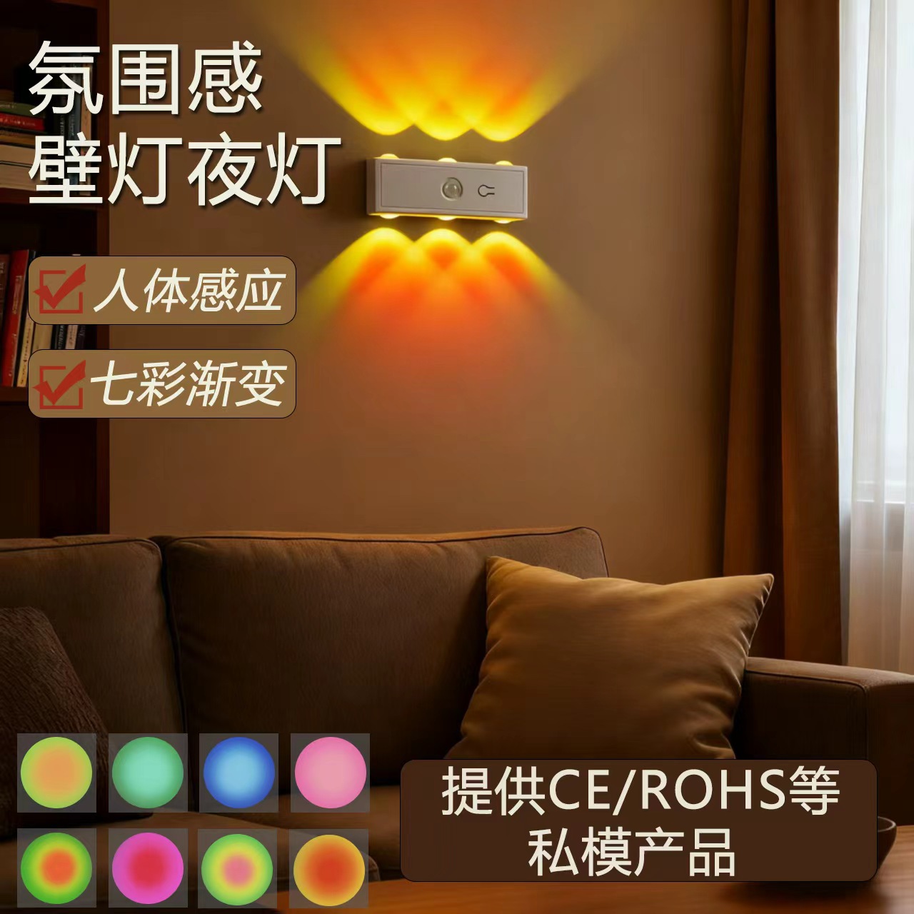 Cross-Border Indoor Wall Lamp Six Cat Eye Hill Human Body Induction Magnetic Wall Lamp Rechargeable Night Light Double Cat Eye Atmosphere Light