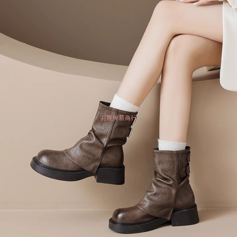 增高靴女拉德2025短靴春秋单靴2025新款厚底棕色裤管靴子马丁靴女