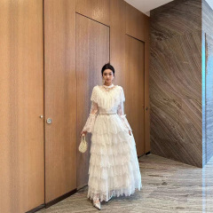 宴会晚装礼服裙长裙2025秋女喇叭袖网纱拼蕾丝绣花荷叶木耳连衣裙