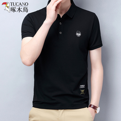 啄木鸟品牌夏季新款黑色织章装饰短袖时尚休闲韩版男士气质polo衫|ru