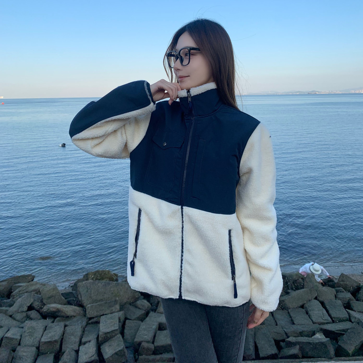 양털 재킷을 입은 남녀 용 RL 포니 램 양모 스티칭 칼라 플리스 재킷 9191