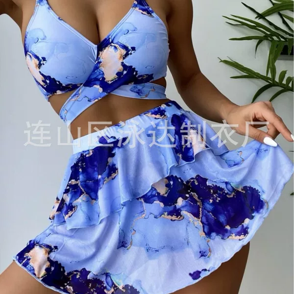 2024 European and American new marble print three-piece sexy bikini swimsuit beach skirt cross-border AliExpress