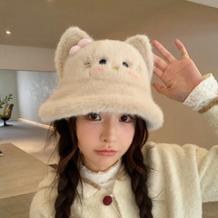 2025年新款可爱小猫毛绒耳朵卡通蝴蝶结渔夫帽女秋冬甜美显白保暖