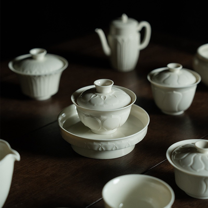Fangsong Dingyao White Ceramic Two-cap Bowl Teapot Handmade Embossed Kung Fu Tea Set Teapot Tea Tasting Cup Master Cup