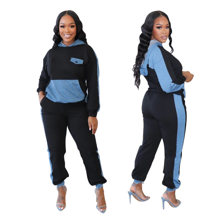 Women's Clothing 2024 autumn and winter hit casual denim patchwork hooded two piece suit_voghion.com