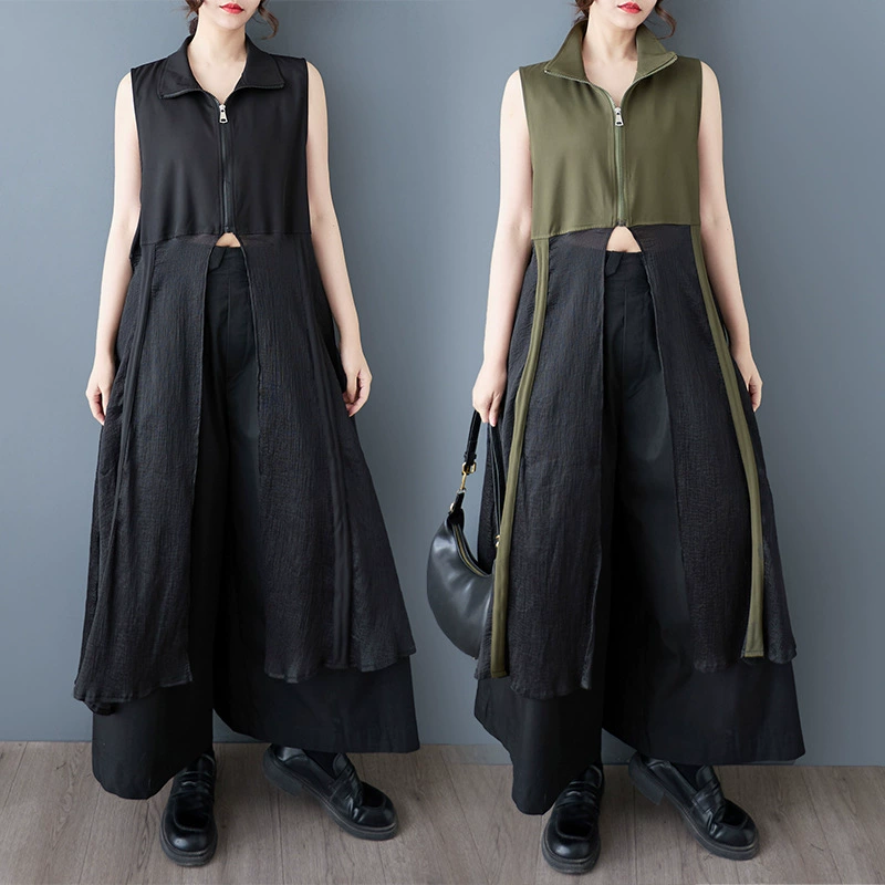 Реальный выстрел весной и осенью новый свободный большой размер сшивания повседневная мода простой сладкий рубашка без рукавов платье