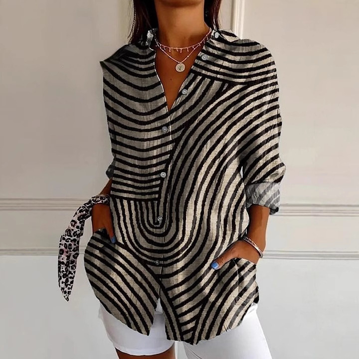 2025 Cross-border Hot Selling 3D Colorblock Printed Pattern Autumn Casual Loose Shirt Women's European and American Women's Button Top