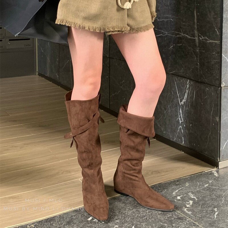 2026 Autumn and Winter New Style Square-Toe Relaxed Fit Two-Way High Boots with Fleece Lining, Simple Leg-Hugging Wedge Heel Long Boots for Women