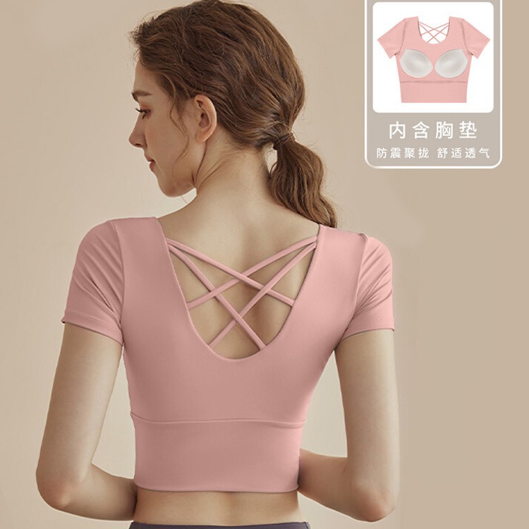 Cross-border Naked Fitness Yoga Clothing Long-sleeved Sports Short-sleeved Top Short Quick-drying Running Tight with Chest Pad for Women