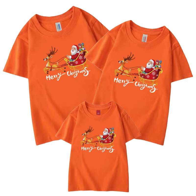 Nueva camiseta de media manga de algodón para padres e hijos de verano 2022 Navidad alces carruaje Santa Claus Día de Año Nuevo ropa de clase